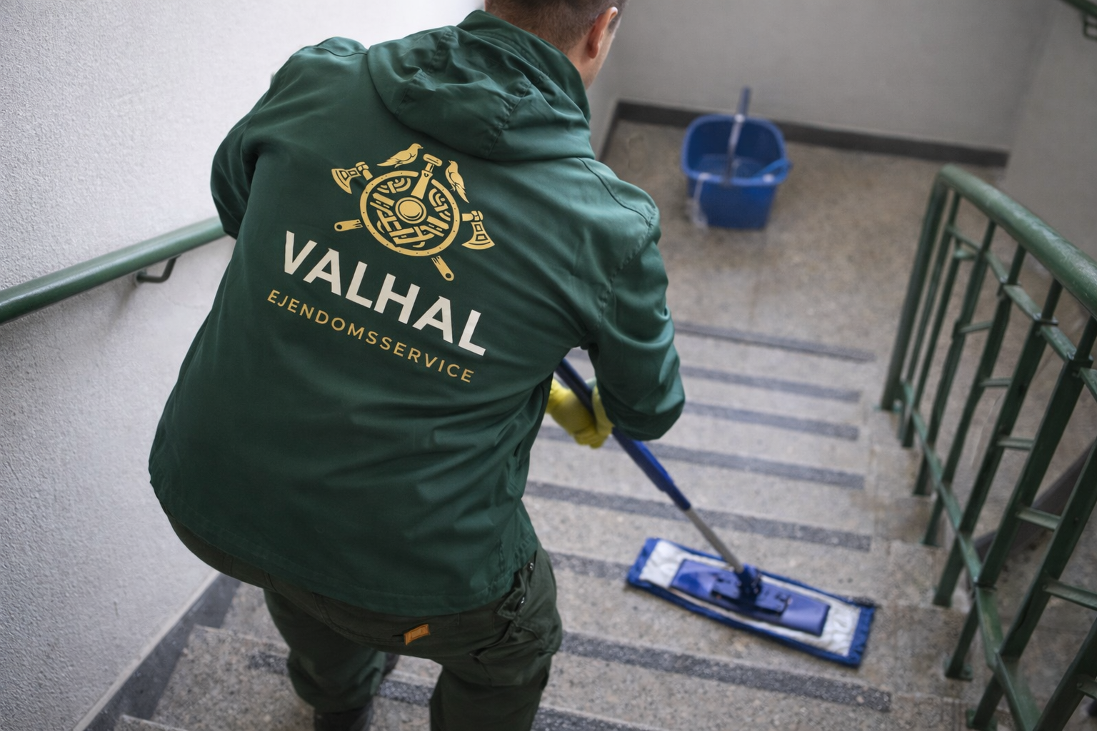 Medarbejder fra Valhal Ejendomsservice vasker en trappeopgang